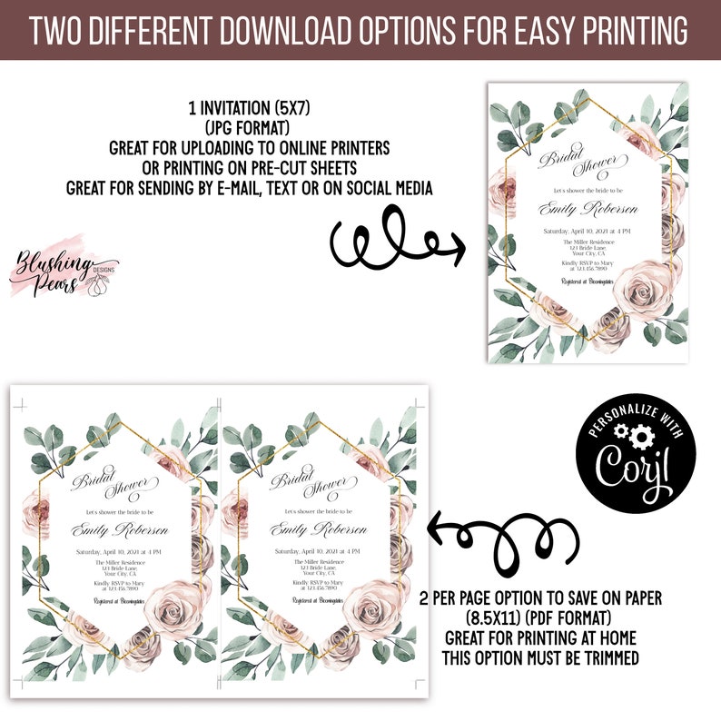 K&ouml;nnte beinhalten: Zwei druckbare Optionen f&uuml;r eine Brautduscheinladung. Die Einladung zeigt ein Aquarelldesign mit rosa Rosen, gr&uuml;nen Bl&auml;ttern und einem goldenen geometrischen Rahmen. Der Text auf der Einladung lautet "Bridal Shower" und "Emily Roberson".