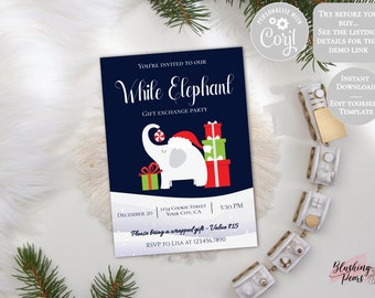 Puede incluir: Una invitación imprimible azul y blanca para una fiesta de intercambio de regalos White Elephant. La invitación presenta un elefante de dibujos animados con un gorro de Papá Noel y sosteniendo un bastón de caramelo. El texto de la invitación dice "Estás invitado a nuestra fiesta de intercambio de regalos White Elephant" e incluye la fecha, la hora y la ubicación de la fiesta. La invitación también incluye la instrucción de traer un regalo envuelto con un valor de 15 €.