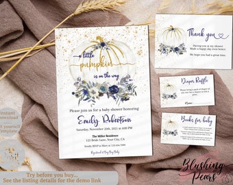 May include: Baby shower invitation set featuring a white pumpkin with gold accents and blue floral details. The invitation includes event details and coordinating cards for thank you notes, diaper raffle, and books for baby. The text reads "little pumpkin is on the way."