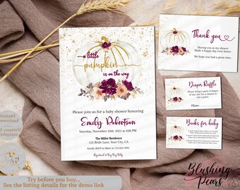 May include: Baby shower invitation set with a gold glitter pumpkin design and the text "a little pumpkin is on the way." Includes thank you, diaper raffle, and books for baby cards. The invitation is for Emily Robertson.