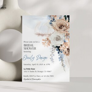 Invitation à la douche nuptiale bleue et beige, invitation à la douche nuptiale florale boho, offre groupée d’invitation à la douche nuptiale florale, bb06 modifiable numériquement