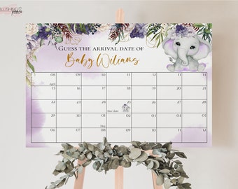 May include: Purple and gold baby shower game with a calendar for guests to guess the arrival date of Baby Williams. The calendar is decorated with a watercolor floral design and a cute elephant illustration.