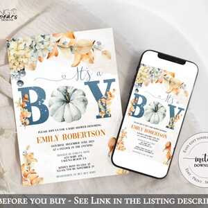 K&ouml;nnte beinhalten: Eine Babyparty-Einladung mit einer Aquarell-Illustration von K&uuml;rbissen, Bl&auml;ttern und Hortensien. Der Text lautet "It's a Boy" in blau-wei&szlig;er Schrift. Die Einladung ist f&uuml;r Emily Robertson und enth&auml;lt Datum, Uhrzeit und Ort der Party.