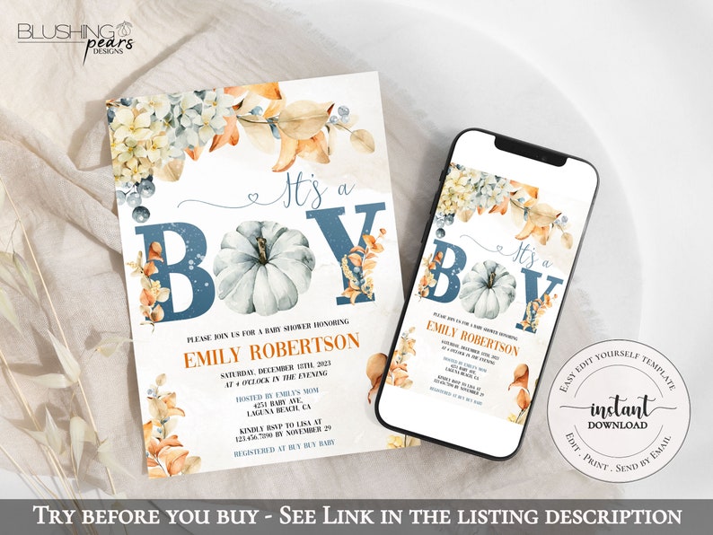 K&ouml;nnte beinhalten: Eine Babyparty-Einladung mit einer Aquarell-Illustration von K&uuml;rbissen, Bl&auml;ttern und Hortensien. Der Text lautet "It's a Boy" in blau-wei&szlig;er Schrift. Die Einladung ist f&uuml;r Emily Robertson und enth&auml;lt Datum, Uhrzeit und Ort der Party.