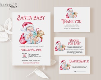 Santa Baby Baby Shower Invitation Bundle, Christmas Baby Shower Invitation set, Holiday Baby Shower Invitation set, Editable Digital s09