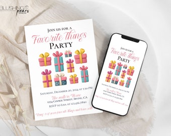 May include: A printable invitation for a "Favorite Things" party with a colorful illustration of wrapped gifts. The invitation includes the date, time, location, and RSVP information.