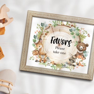 Woodland Baby Shower Sign, Greenery Forest Animals Favors Sign, Woodland Favors Sign, Digital Printable