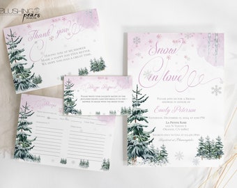 Könnte beinhalten: Eine Winterwunderland-Motto-Brautduscheinladung in einem rosa-weißen Farbschema. Die Einladung zeigt eine verschneite Waldszene mit Kiefern und Schneeflocken. Der Text lautet "Snow in love" und enthält den Namen der Braut, Datum, Uhrzeit und Ort.