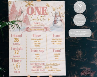 May include: A pink and gold first birthday milestone poster for a baby girl named Charlotte. The poster features a deer, a snowman, and a pink and gold design. The poster includes information about the baby's age, height, weight, and other milestones. The text on the poster reads "One Charlotte Born 12.15.2020 My First Birthday I stand 28 inches I weigh 22 pounds I have 6 teeth I love playing outside dancing bath time tickles I can say mama dada uh-oh I can wave bye bye clap my hands blow kisses Yum! bananas apples milk Favorite book: Goodnight Moon Nickname: Cutie Pie Favorite song: Itsy Bitsy Spider"