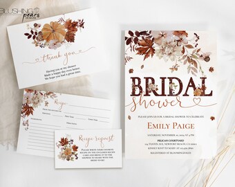 Editable Fall Bridal Shower Invitation Bundle, Autumn Bridal Shower Invite, Rustic Pumpkin Fall in love Bridal Shower, Recipe Card f01