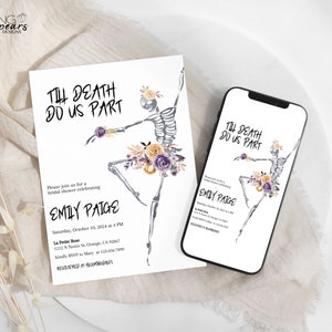Halloween Bridal Shower Invitation, Till death do us part Bridal Shower Invite, Floral Skeleton Bridal Shower Skull, Bride or die bh4