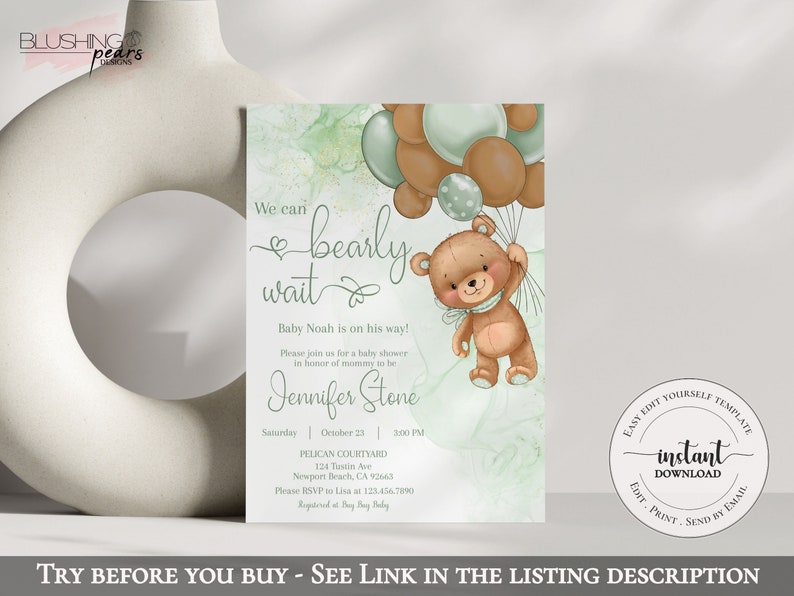 Teddy Bear Baby Shower Invitation Bundle, We Can Bearly Wait Green Baby ...