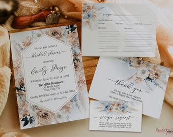 Boho Blue Bridal Shower Invitation, Dusty Blue Floral Bridal Shower Invite, Floral Bridal Shower Invite Bundle, Digital Editable template