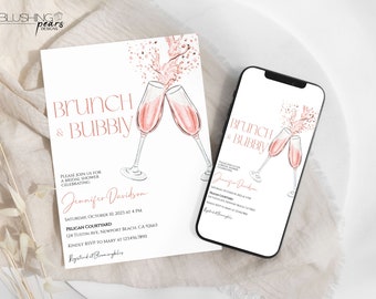 Invito doccia nuziale Brunch champagne rosa modificabile, invito brunch nuziale rosa, brunch e doccia nuziale frizzante, digitale stampabile LY01