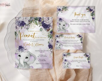 May include: Purple and gold baby shower invitation with a cute elephant illustration. The invitation says "A Sweet Little Peanut is on the Way" and includes the date, time, and location of the shower.
