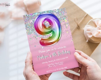 May include: Pink birthday invitation with a rainbow glitter number nine. The text reads "Please join us to celebrate Madison's 9th Birthday".