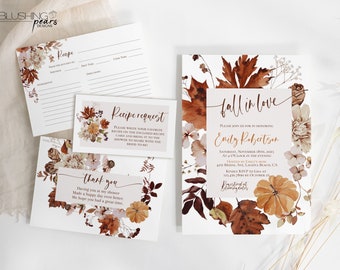 Paquete editable de invitación a la despedida de soltera de otoño en el amor, invitación a la despedida de soltera de otoño, despedida de soltera de calabaza rústica, tarjeta de receta f01