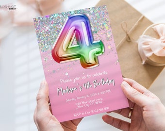 May include: Pink birthday invitation with a rainbow number four and glitter. The text reads "Please join us to celebrate Madison's 4th Birthday. Saturday January 16, 2020 at 3:00 PM. 1239 Your Street name. Your City CA 98765. RSVP to Lisa at 123.456.7890"