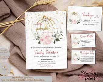 May include: A baby shower invitation with a white pumpkin with gold glitter and pink flowers. The text reads "a little pumpkin is on the way". The invitation is for Emily Robertson on Saturday, November 20th, 2021 at 4:00 PM. The address is 123 Bride Lane, Your City, CA. The RSVP information is to Mary at 123.456.7890. The invitation also includes a diaper raffle card and a books for baby card.