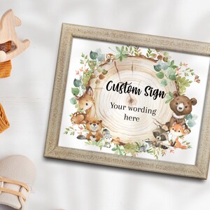 Woodland Baby Shower Sign, Groen Forest Animals Custom Sign, Woodland Favors kaarten en geschenken goed wensen, Digitaal Afdrukbaar