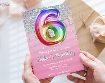 6th Birthday Invitation, Pink Glitter Birthday Invitation, Rainbow balloons 6th Birthday Invite, Holographic, Editable Digital Printable
