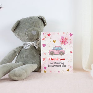 Editable Valentine Baby Shower Carte de remerciement, Ballons de voiture roses Merci, bébé en route Baby Shower, Cœurs roses Imprimable numérique vb11