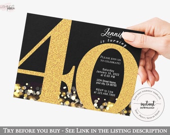 40th Birthday Invitation, Adult Birthday invitation, Black and Gold Birthday invitation, Glitter birthday Invite, Digital Printable Instant