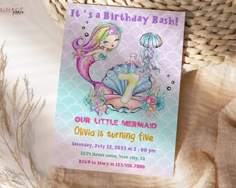 Invitación de cumpleaños de 7th Mermaid, invitación de cumpleaños bajo el mar, invitación de cumpleaños de Ocean, invitación de cumpleaños de 5to, imprimible digital editable