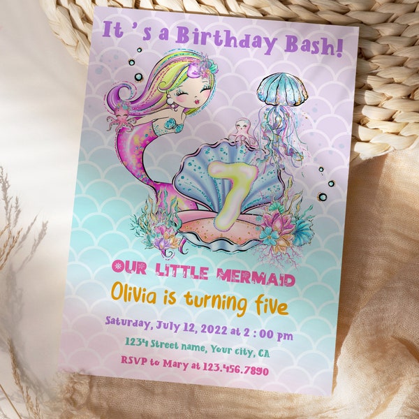 7th Mermaid Birthday Invitation, under the sea Birthday Invitation, Ocean Birthday Invite, 5th birthday invite, Editable Digital Printable