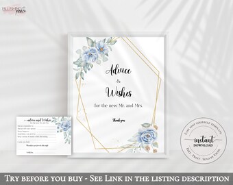 May include: A printable wedding advice and wishes sign with a gold geometric frame and blue watercolor floral accents. The text reads "Advice & Wishes for the new Mr. and Mrs. Thank you".