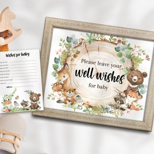 Woodland Baby Shower Sign, Groen Bosdieren Goede wensen, Woodland Well Wishes Sign, Digitaal afdrukbaar