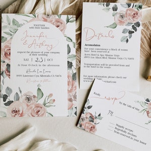 Dusty Rose Wedding Invitation Suite, Boho Blush Wedding Invitation, Mauve Floral Wedding Invitation Set, DIY Printable Editable