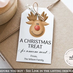 May include: A white gift tag with a cartoon reindeer face and the text "A Christmas Treat for someone sweet. From, The Wilson Family". The tag is tied with twine and a sprig of white flowers.