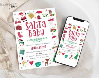 May include: A white baby shower invitation with a red and green Santa Baby theme. The invitation features a variety of Christmas icons, including Santa Claus, a penguin, a snowman, a reindeer, and a stocking. The text on the invitation reads "Santa Baby, A Little Bundle of Joy is on the Way, Join us for a Baby Shower Honoring Emily James, Saturday, December 23, 2024 at 4 PM, Our Home, 124 Tustin Ave, Newport Beach, CA 92663, RSVP to Mary at 123.456.7890".