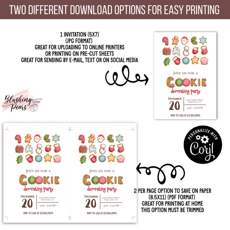 May include: Two printable options for a cookie decorating party invitation. The first option is a single 5x7 inch invitation with a festive design of cookies. The second option is a two-page 8.5x11 inch invitation with the same design, but printed on two pages to save paper. Both options feature the text "Join us for a Cookie Decorating Party" and include the date, time, and RSVP information.