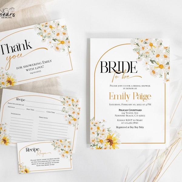 Editable Daisy Bridal Shower Invitation Bundle, Bride to be Spring Floral Bridal Shower Invite Bundle, Recipe Card Printable sbr04