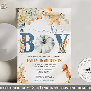 K&ouml;nnte beinhalten: Eine Babyparty-Einladung mit einem blauen und wei&szlig;en Aquarellk&uuml;rbis und Herbstbl&auml;ttern. Der Text lautet "It's a Boy" und enth&auml;lt den Namen Emily Robertson, das Datum und die Uhrzeit der Party sowie die RSVP-Informationen.