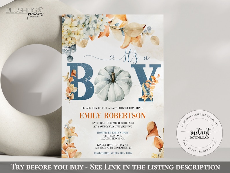 K&ouml;nnte beinhalten: Eine Babyparty-Einladung mit einem blauen und wei&szlig;en Aquarellk&uuml;rbis und Herbstbl&auml;ttern. Der Text lautet "It's a Boy" und enth&auml;lt den Namen Emily Robertson, das Datum und die Uhrzeit der Party sowie die RSVP-Informationen.