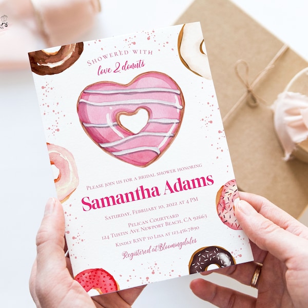 Editable Showered With Love And Donuts Bridal Shower Invitation, Valentine Bridal Shower Invite, Digital Printable Template DIY vbr04