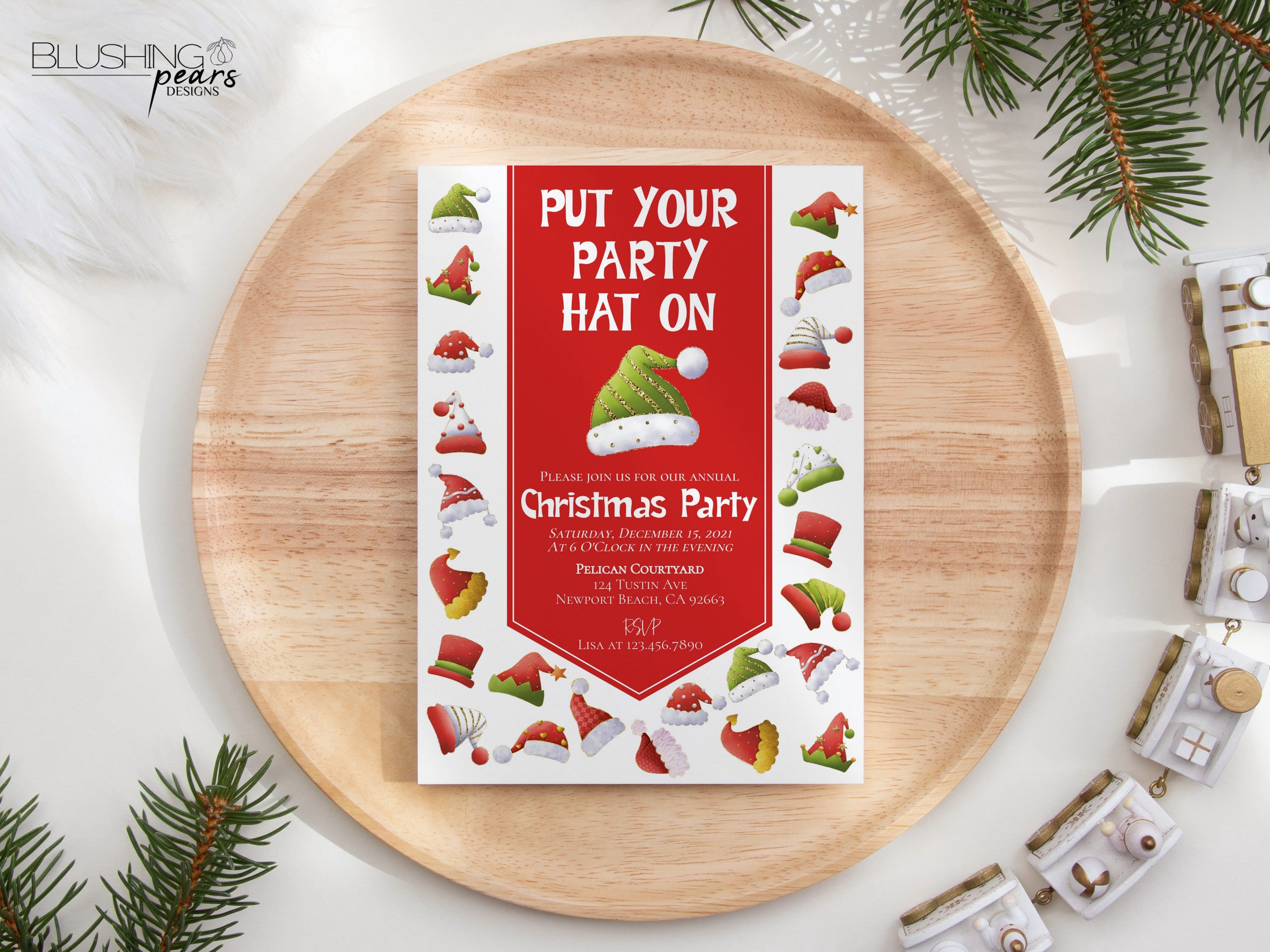 Put Your Party Hat on Christmas Party Invitations, Santa Hat Christmas ...