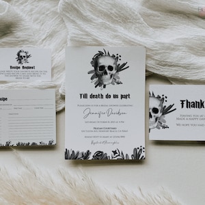 Halloween Bridal Shower Invitation Bundle, Till death do us part recipe card, Skull Bridal Shower thank you card, Hens party, Editable bh01