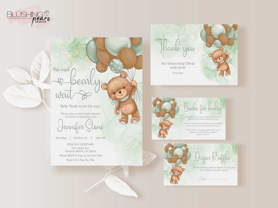 Teddy Bear Baby Shower Invitation Bundle, We Can Bearly Wait Green Baby ...