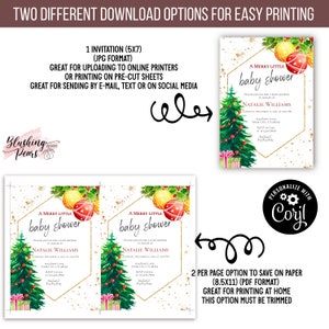 Op de afbeelding: Twee printbare opties voor een kerstthema baby shower uitnodiging. De eerste optie is een 5x7 inch uitnodiging in JPG-formaat. De tweede optie is een tweezijdige 8,5x11 inch uitnodiging in PDF-formaat. Beide uitnodigingen bevatten een aquarel illustratie van een kerstboom met ornamenten en cadeaus. De tekst op de uitnodiging luidt "A Merry Little Baby Shower" en bevat de naam "Natalie Williams".