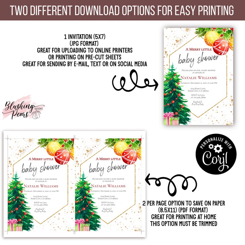 Op de afbeelding: Twee printbare opties voor een kerstthema baby shower uitnodiging. De eerste optie is een 5x7 inch uitnodiging in JPG-formaat. De tweede optie is een tweezijdige 8,5x11 inch uitnodiging in PDF-formaat. Beide uitnodigingen bevatten een aquarel illustratie van een kerstboom met ornamenten en cadeaus. De tekst op de uitnodiging luidt "A Merry Little Baby Shower" en bevat de naam "Natalie Williams".