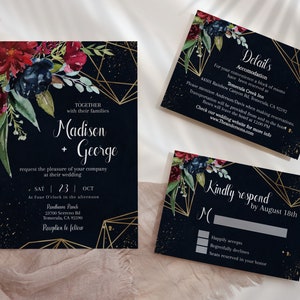 Dark & Moody Hochzeitseinladungs-Reihe, Schwarz und Burgundy Floral Hochzeitseinladung, Geometrische Hochzeitseinladung, DIY W01