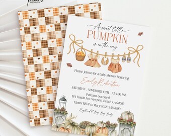 May include: A baby shower invitation with the text "A sweet little PUMPKIN is on the way." The invitation features a pumpkin theme with illustrations of baby clothes, pumpkins, and fall leaves. The invitation is paired with a patterned card.