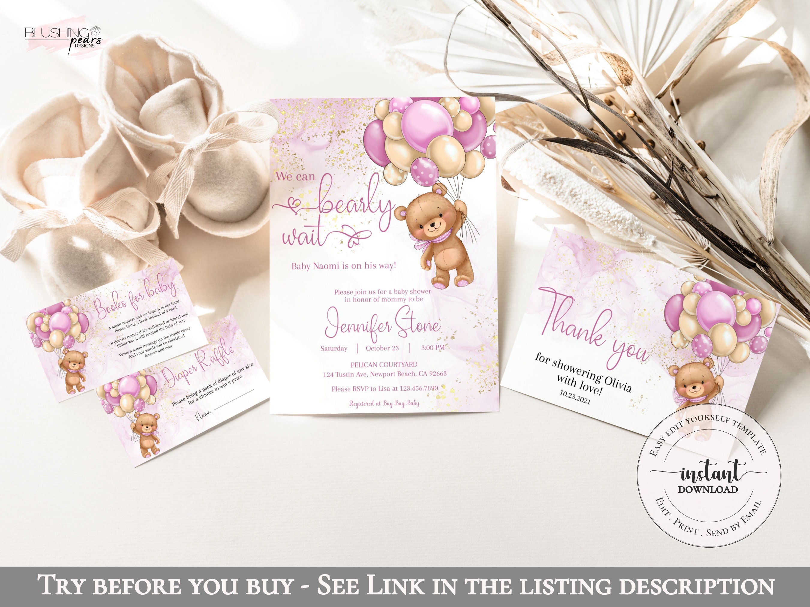 Pink Teddy Bear Baby Shower Invitation Bundle We Can Bearly - Etsy