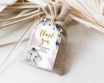 May include: A purple and gold thank you tag with a watercolour background and a cute elephant illustration. The tag says "Thank you for showering Nicole with love!"