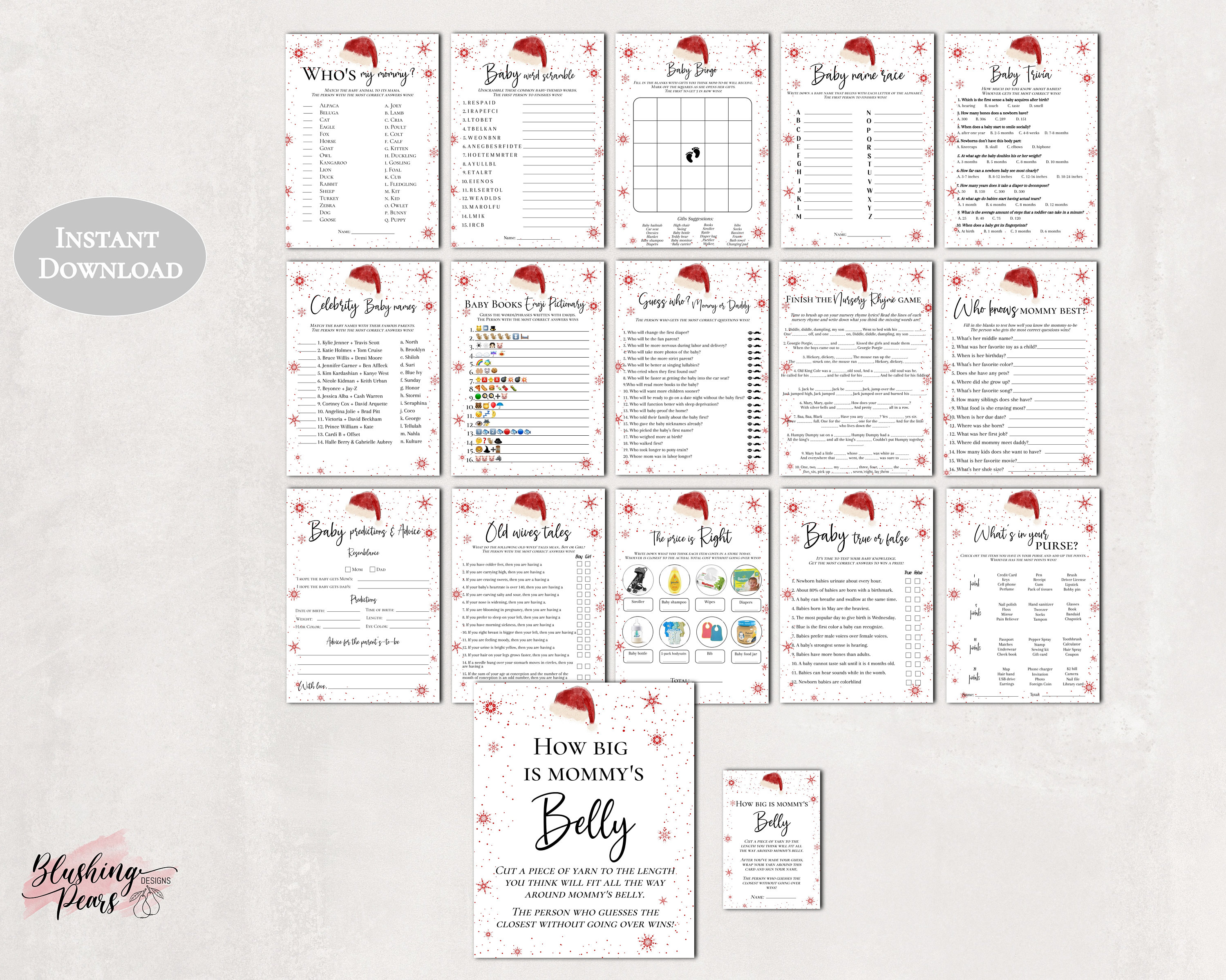 Christmas Baby Shower Games, Baby Santa Baby Shower Games, Xmas Party Games, Holiday Baby Shower games, NOT EDITABLE sb01