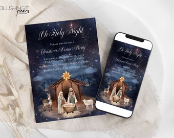 May include: A Christmas Dinner Party invitation with the text "Oh Holy Night" against a starry night sky background. The invitation features an illustration of the Nativity scene, including Mary, Joseph, and baby Jesus in a manger.